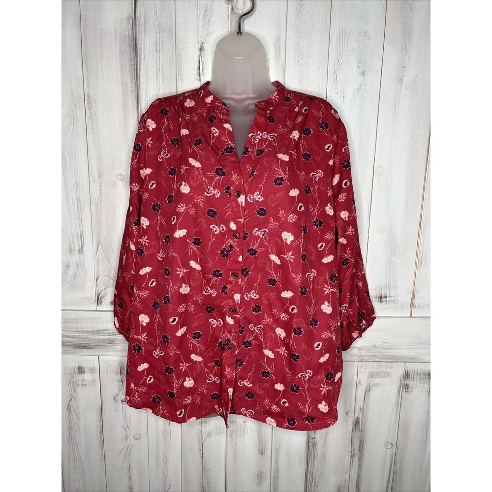 LANDS END PINK FLORAL SPLIT NECK BUTTON UP  3/4 BALLOON SLEEVE TUNIC SHIRT LARGE